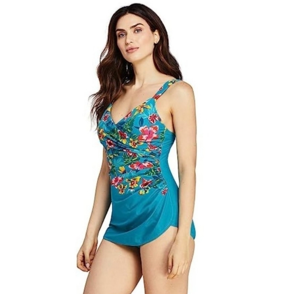 Lan's End Slender Floral Print V-Neck Rushed Side Women's Swimsuit Plus 20W
